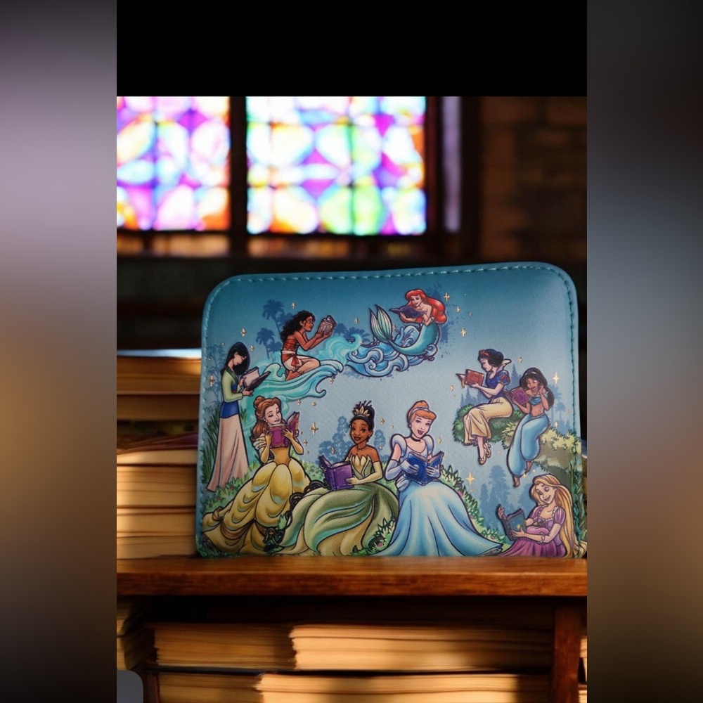 NWT Loungefly Disney Princess Group Reading Books Zip Around Wallet Blue NEW